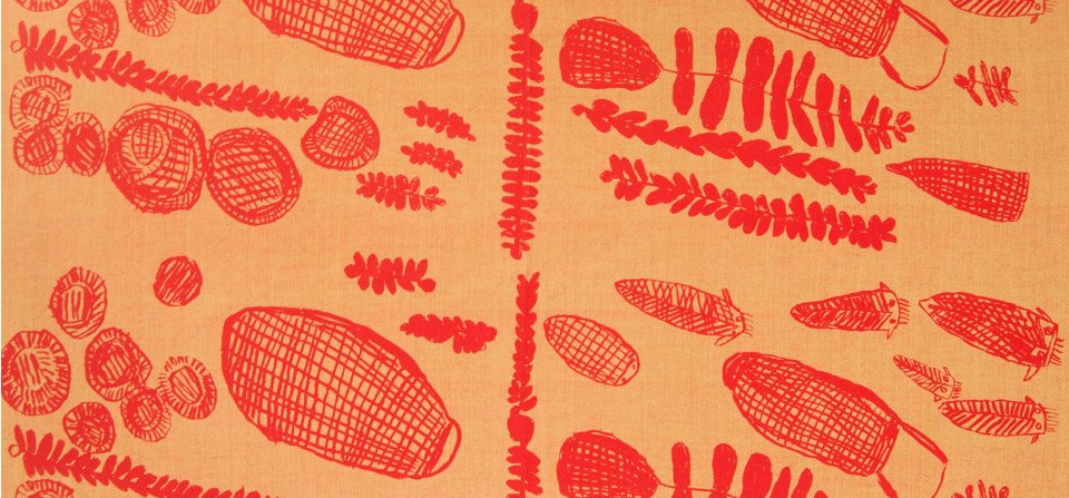 Baskets, Mats and Catfish, screen print on hand woven cotton by Kate Miwulka from Babbarra Designs