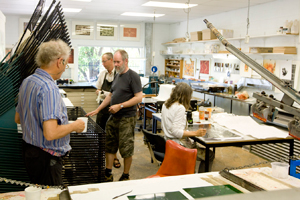 John Wolseley, Jorg Schmeisser and Fiona Hall, with printer Mats Unden