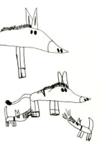 Dion Beasley, Dogs barking at two horses and a donkey, etching, 2010. From a recent body of etchings celebrating the relationship between people and animals.