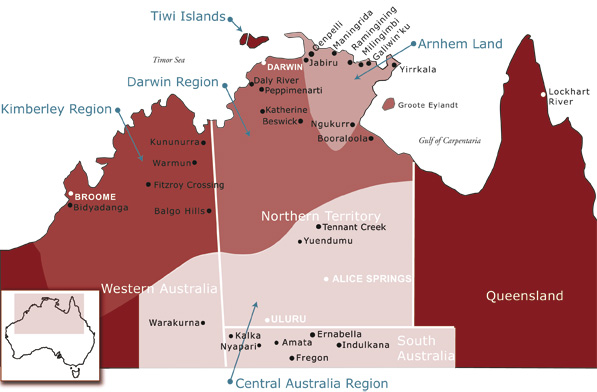 Map of Northern Australia with art centre locations