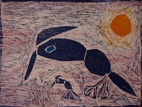 Peggy Napangardi Jones (Tennant Ck) woodblock printed&nbsp;a la poupee in relief&nbsp;from two blocks