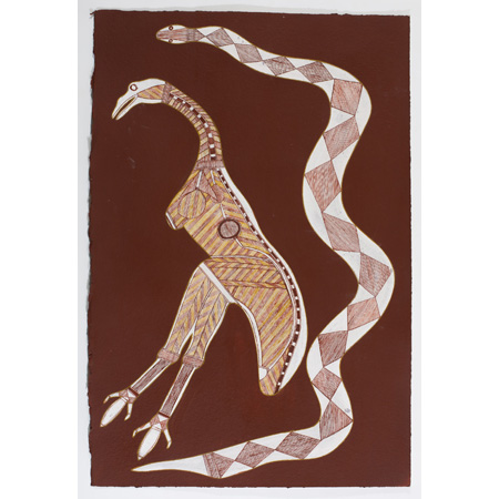 Maralngurra (Maath) Nadjamerrek - Ngurrudu (Emu)
acrylic and ochre on paper, 76.5 x 51cm
