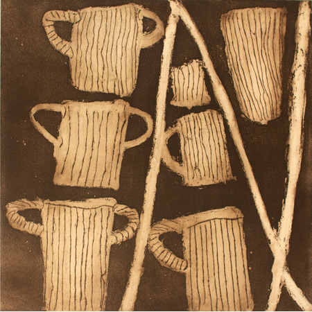 Teacups, etching by Nonggirrnga Marawili