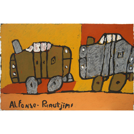 Alfonso Puautjimi, Two Cars, ochre on paper, 2013