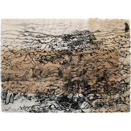 Ground, drypoint and stenciled bush charcoal on handmade cotton rag and phalsa laminate paper, 42 x 60 cm.