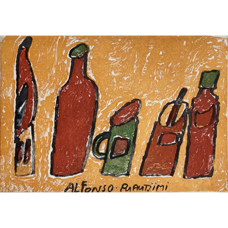Still Life with Bottles and Carving etching by Alfonso Puautjimi